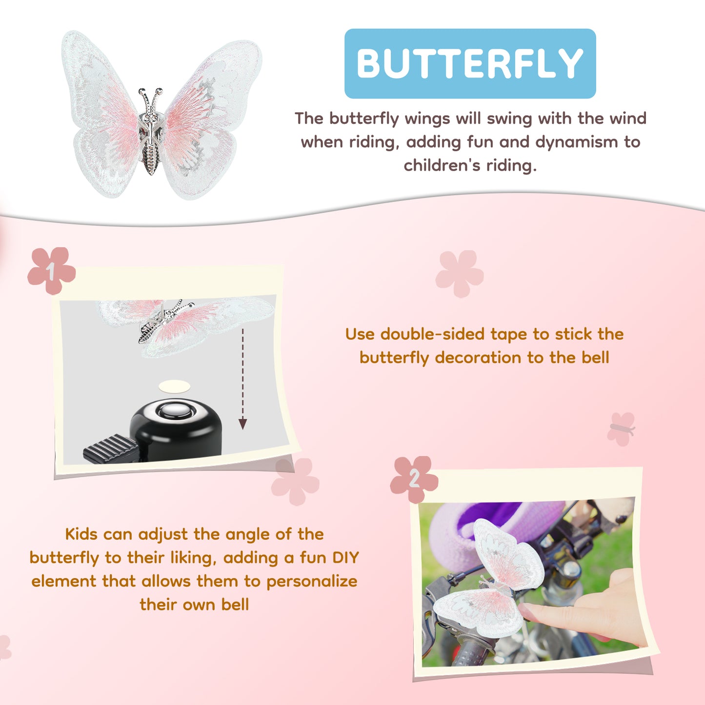 Kid's Bike Bell, Bicycle Horn for Girls, Children’s Bike Bells with Butterfly Design - Cute DIY Bicycle Bell for Girls, Crisp Sound, Easy to Install