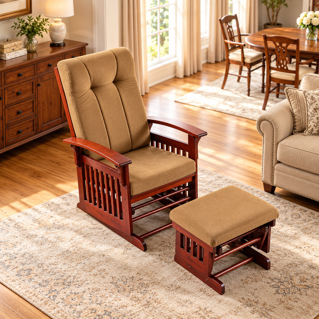 Solid Rubberwood Glider Rocking Chair with Matching Ottoman and Padded Backrest, Dark Coffee