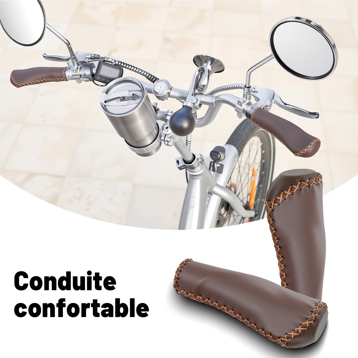 Poignées de Guidon Vélo Vintage – Cuir Synthétique Cousu Main pour Cruiser et Vélo de Ville, Marron, Ø22,2 mm, Série Time Capsule