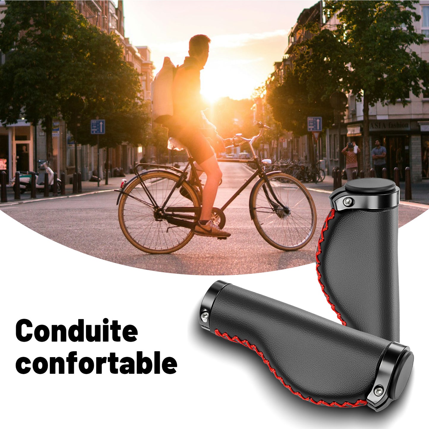 Poignées de Guidon Vélo Vintage – Cuir Noir avec Couture Rouge, Cousues Main, Pour Cruiser et Vélo de Ville, Ø22,2 mm, Série Time Capsule