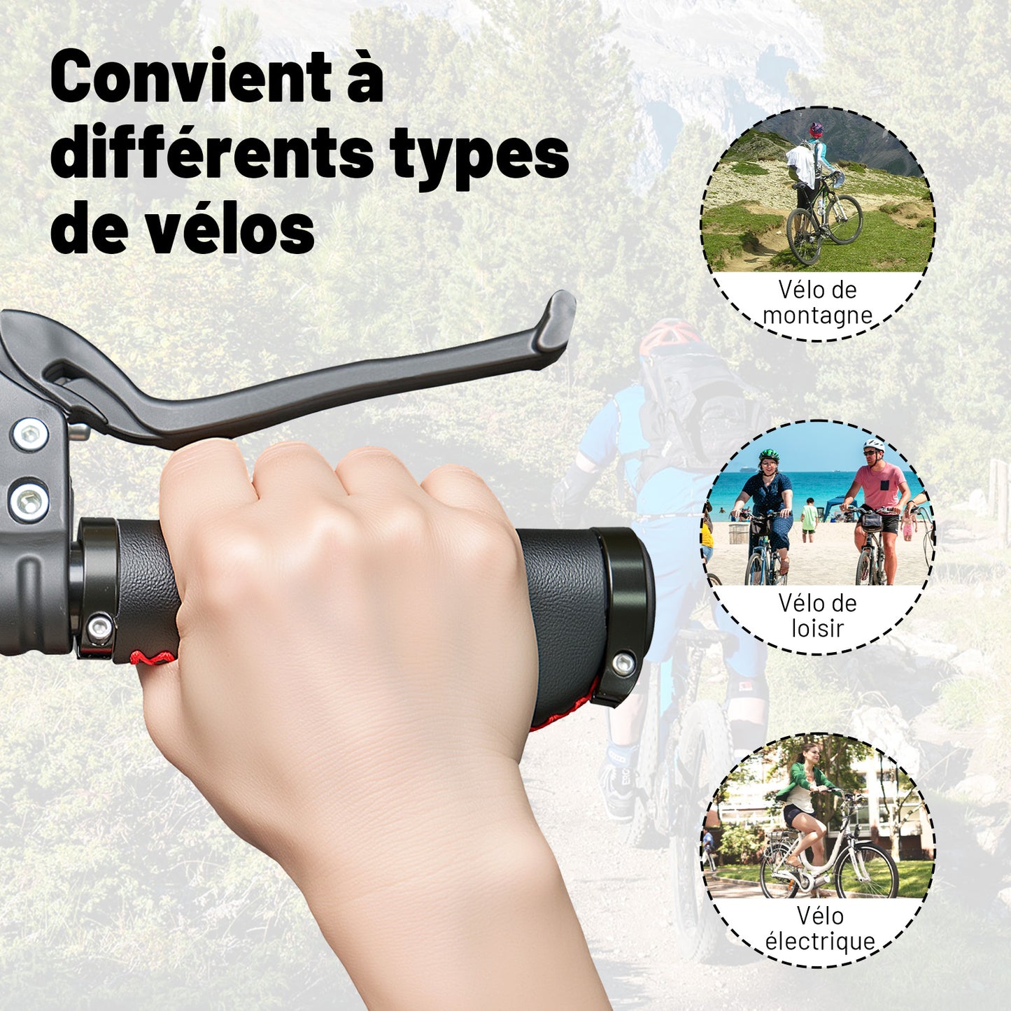Poignées de Guidon Vélo Vintage – Cuir Noir avec Couture Rouge, Cousues Main, Pour Cruiser et Vélo de Ville, Ø22,2 mm, Série Time Capsule