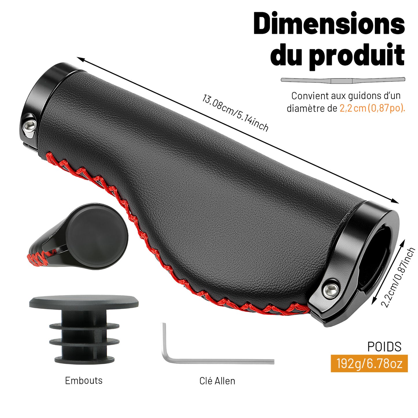 Poignées de Guidon Vélo Vintage – Cuir Noir avec Couture Rouge, Cousues Main, Pour Cruiser et Vélo de Ville, Ø22,2 mm, Série Time Capsule