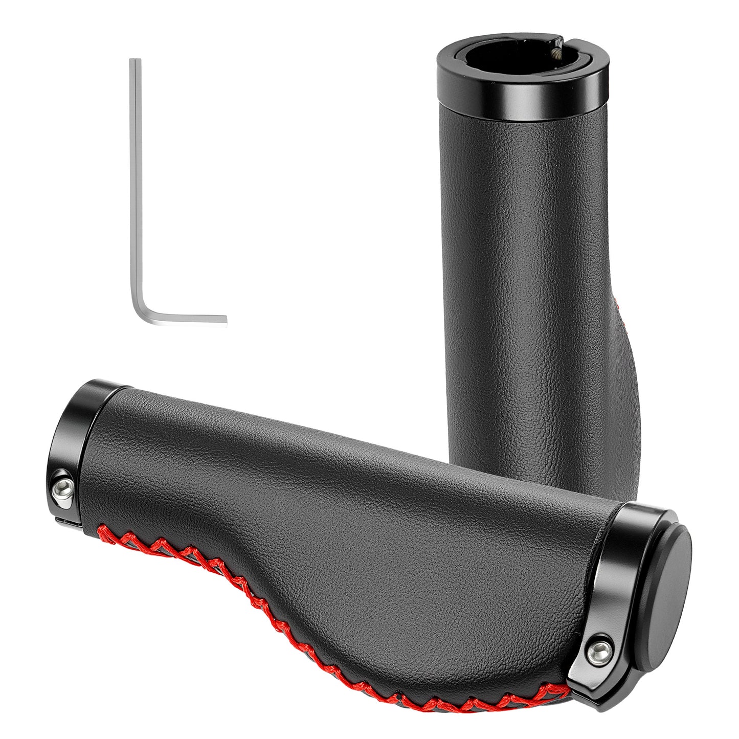 Poignées de Guidon Vélo Vintage – Cuir Noir avec Couture Rouge, Cousues Main, Pour Cruiser et Vélo de Ville, Ø22,2 mm, Série Time Capsule