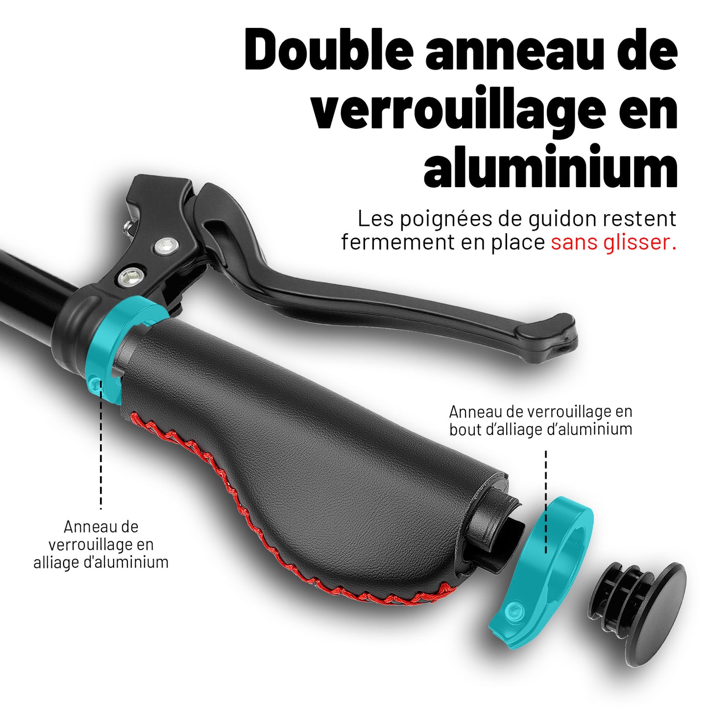 Poignées de Guidon Vélo Vintage – Cuir Noir avec Couture Rouge, Cousues Main, Pour Cruiser et Vélo de Ville, Ø22,2 mm, Série Time Capsule