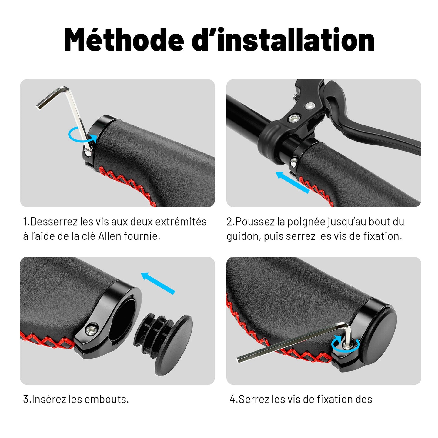Poignées de Guidon Vélo Vintage – Cuir Noir avec Couture Rouge, Cousues Main, Pour Cruiser et Vélo de Ville, Ø22,2 mm, Série Time Capsule