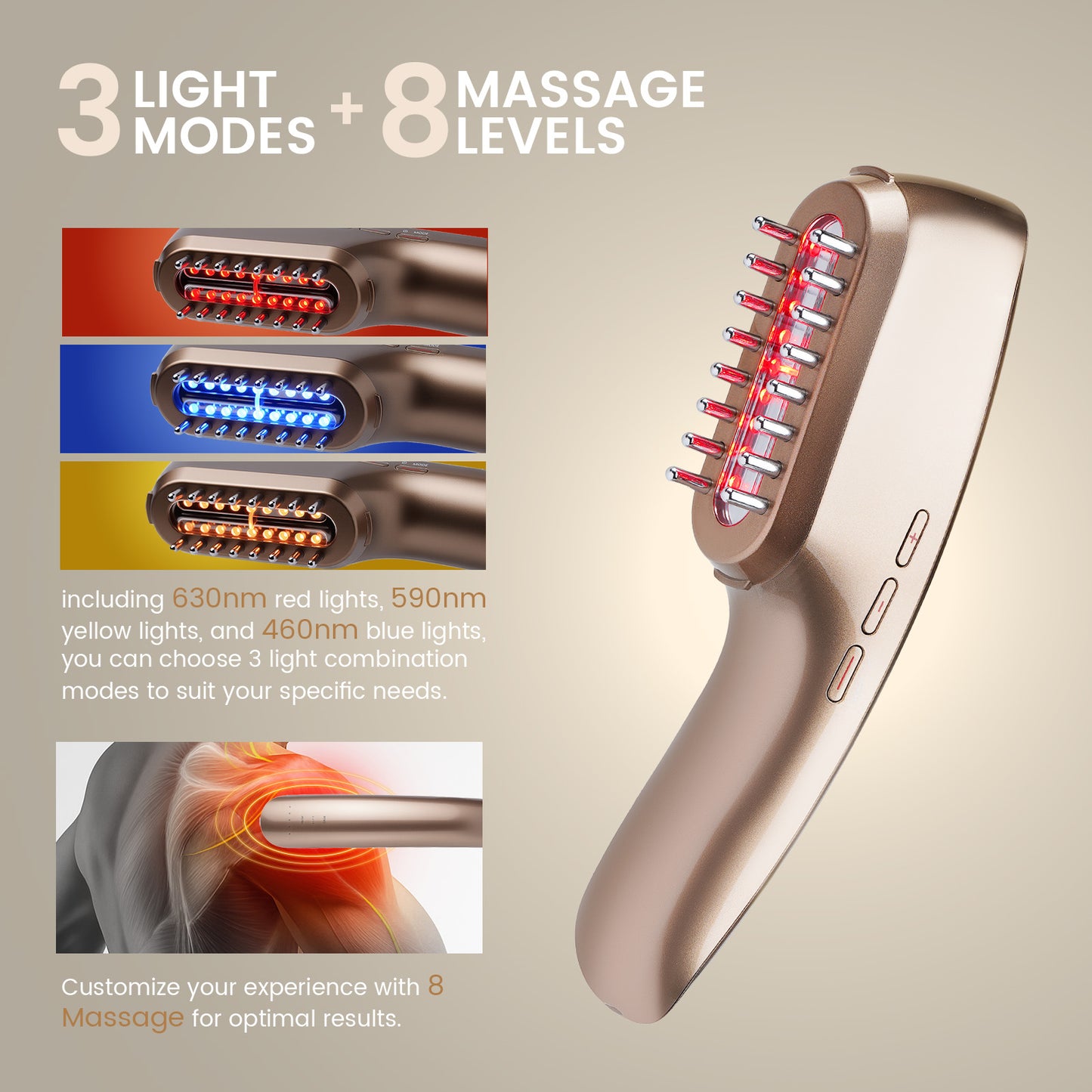 Red Light Therapy Comb – 3 Light Modes, 8 Massage Settings