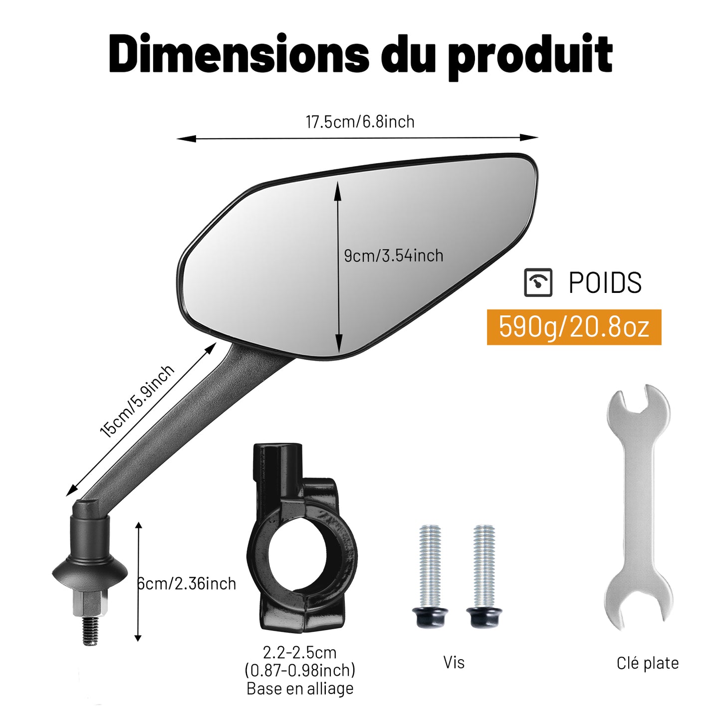 Rétroviseur Vélo Réglable – Grand Miroir Convexe 17 cm, Cadre ABS & Base Aluminium, Anti-Vibration, Pour Guidon 22–25 mm