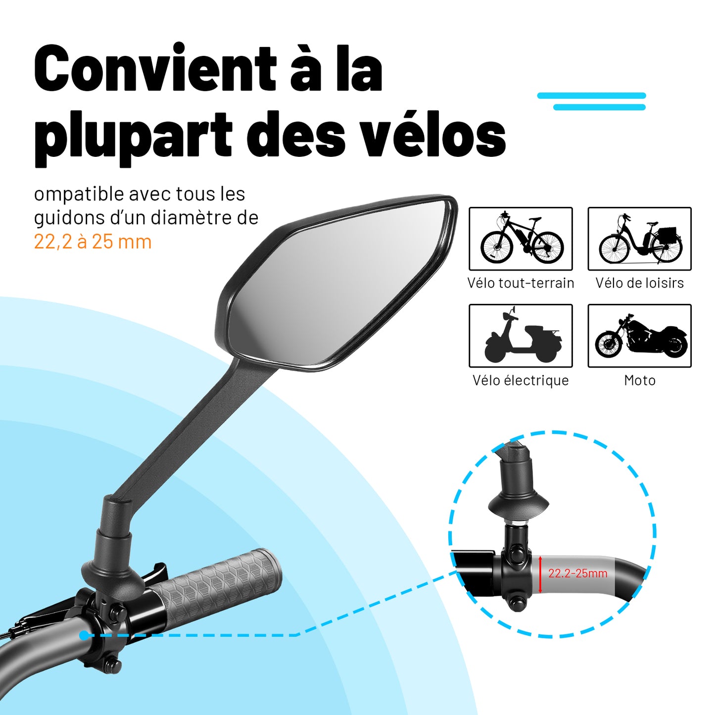 Rétroviseur Vélo Réglable – Grand Miroir Convexe 17 cm, Cadre ABS & Base Aluminium, Anti-Vibration, Pour Guidon 22–25 mm