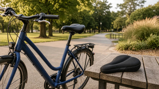Bicycle saddle and Newpearl LowNose padded seat cover shown side by side