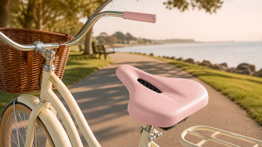 Pink Newpearl bike seat and matching grip installed on a cream cruiser bicycle