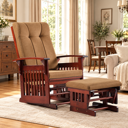 Solid Rubberwood Glider Rocking Chair with Matching Ottoman and Padded Backrest, Dark Coffee