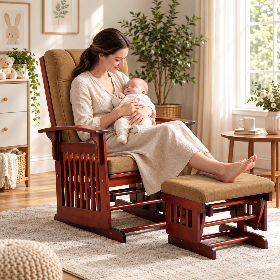Solid Rubberwood Glider Rocking Chair with Matching Ottoman and Padded Backrest, Dark Coffee