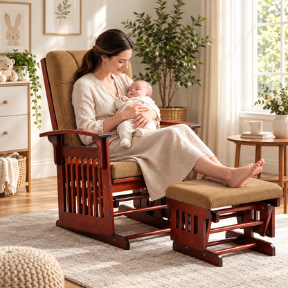 Solid Rubberwood Glider Rocking Chair with Matching Ottoman and Padded Backrest, Dark Coffee