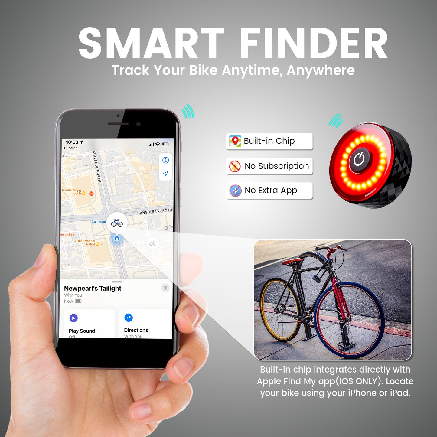 Smart Bike Tail Light with Apple Find My – Brake-Sensing Rear Light with Location Tracking, Ultra-Bright LED, 984ft Visibility, 5 Lighting Modes, USB-C Rechargeable, IP65 Waterproof LED Taillight