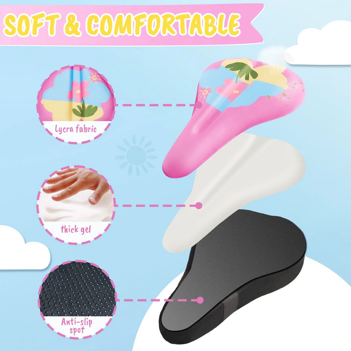 Non-slip kids bike seat cover with drawstring and securing straps