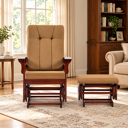 Solid Rubberwood Glider Rocking Chair with Matching Ottoman and Padded Backrest, Dark Coffee