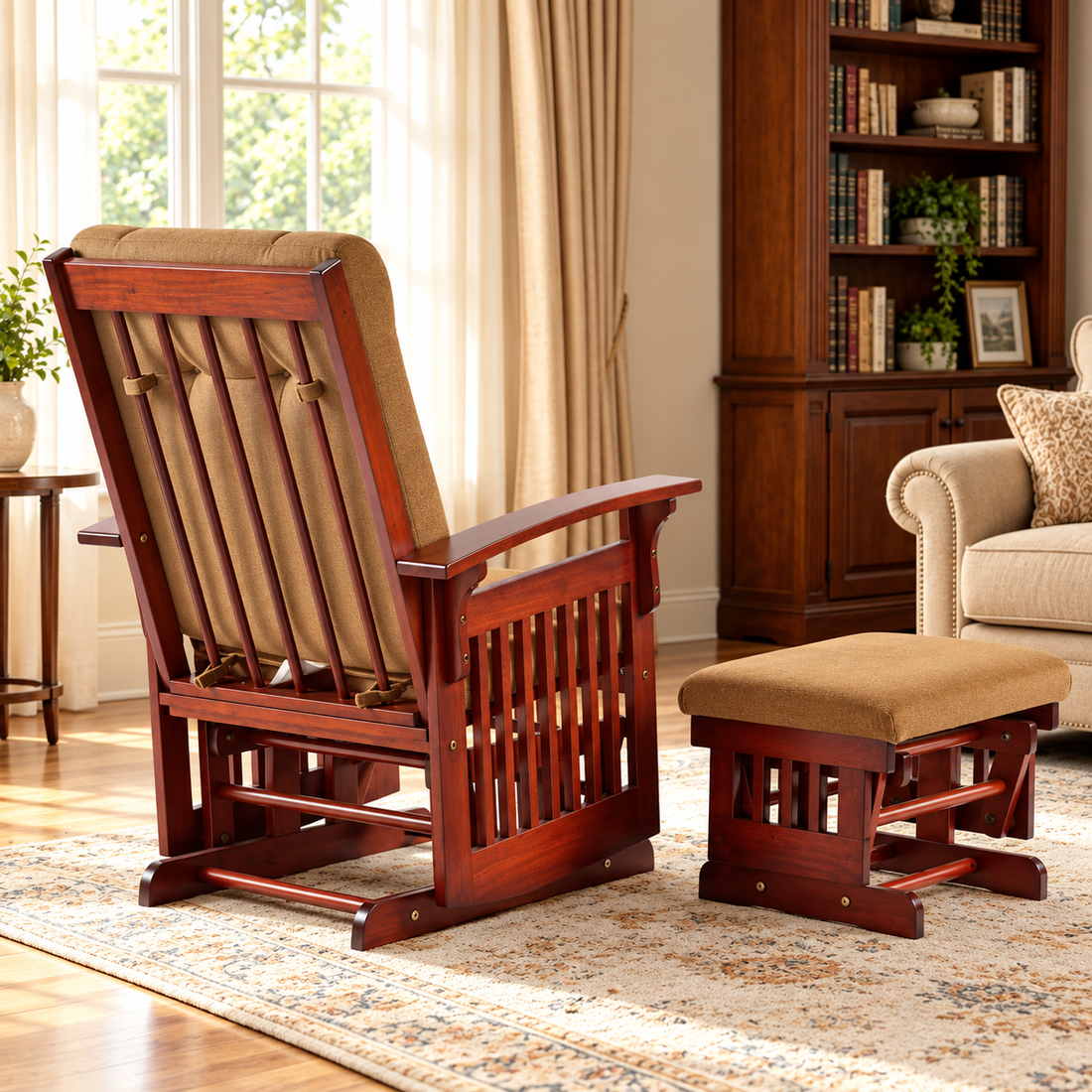 Solid Rubberwood Glider Rocking Chair with Matching Ottoman and Padded Backrest, Dark Coffee