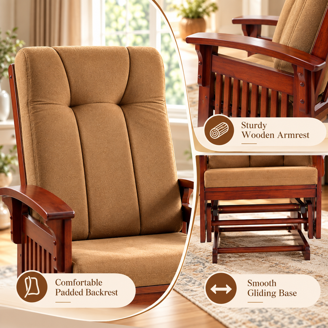 Solid Rubberwood Glider Rocking Chair with Matching Ottoman and Padded Backrest, Dark Coffee