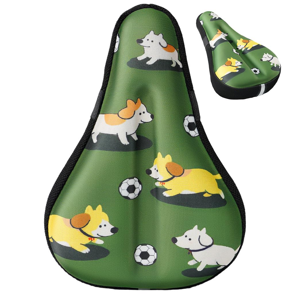 Green kids gel bike seat cover with dog design