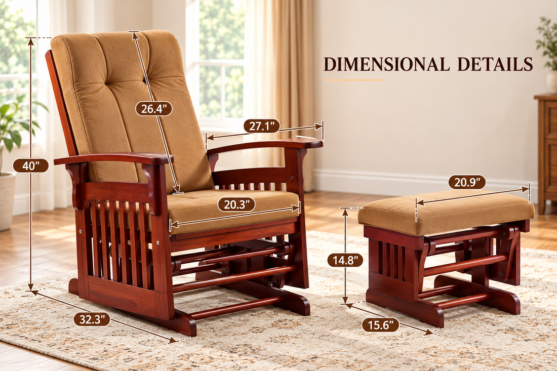 Solid Rubberwood Glider Rocking Chair with Matching Ottoman and Padded Backrest, Dark Coffee