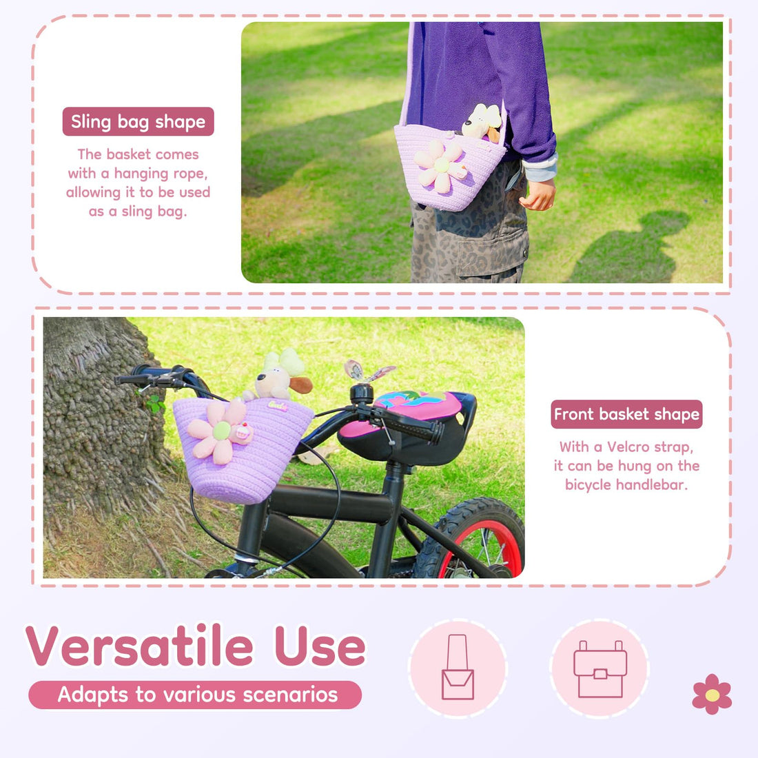 Woven bicycle handlebar basket for children's bikes