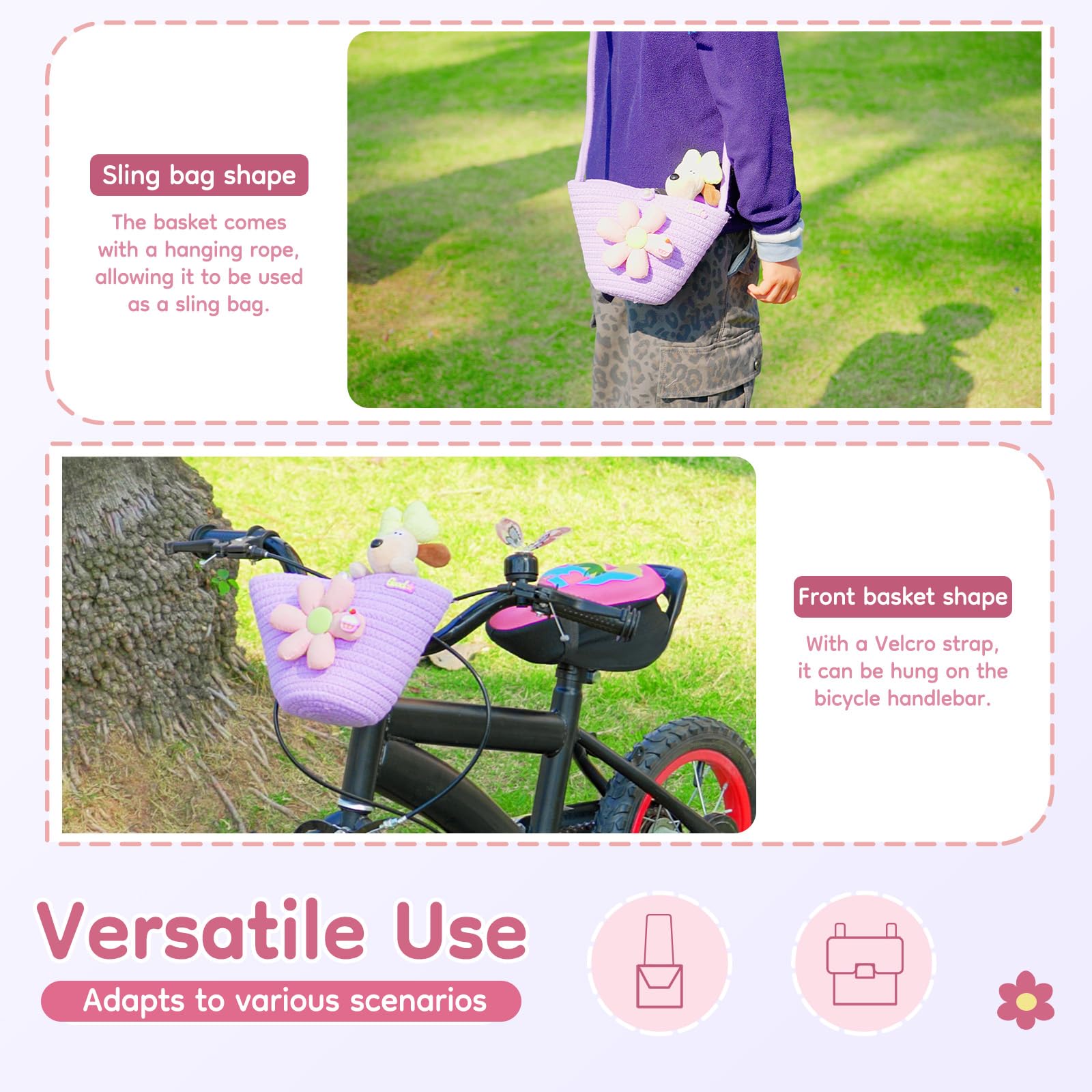 Woven bicycle handlebar basket for children's bikes