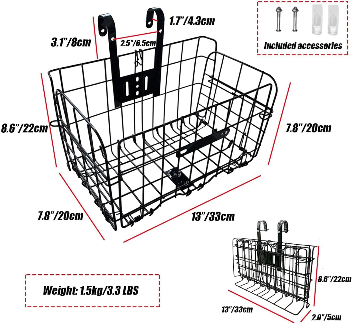 Folding Bike Front Basket Bicycle Wire Basket with Handles Easy Installation on Front Handlebar