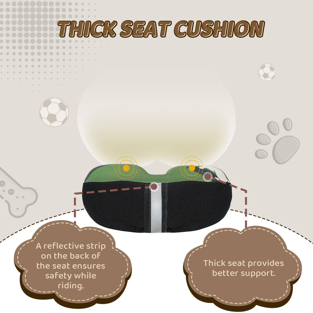 Non-slip kids bike seat cushion with reflective rear strip