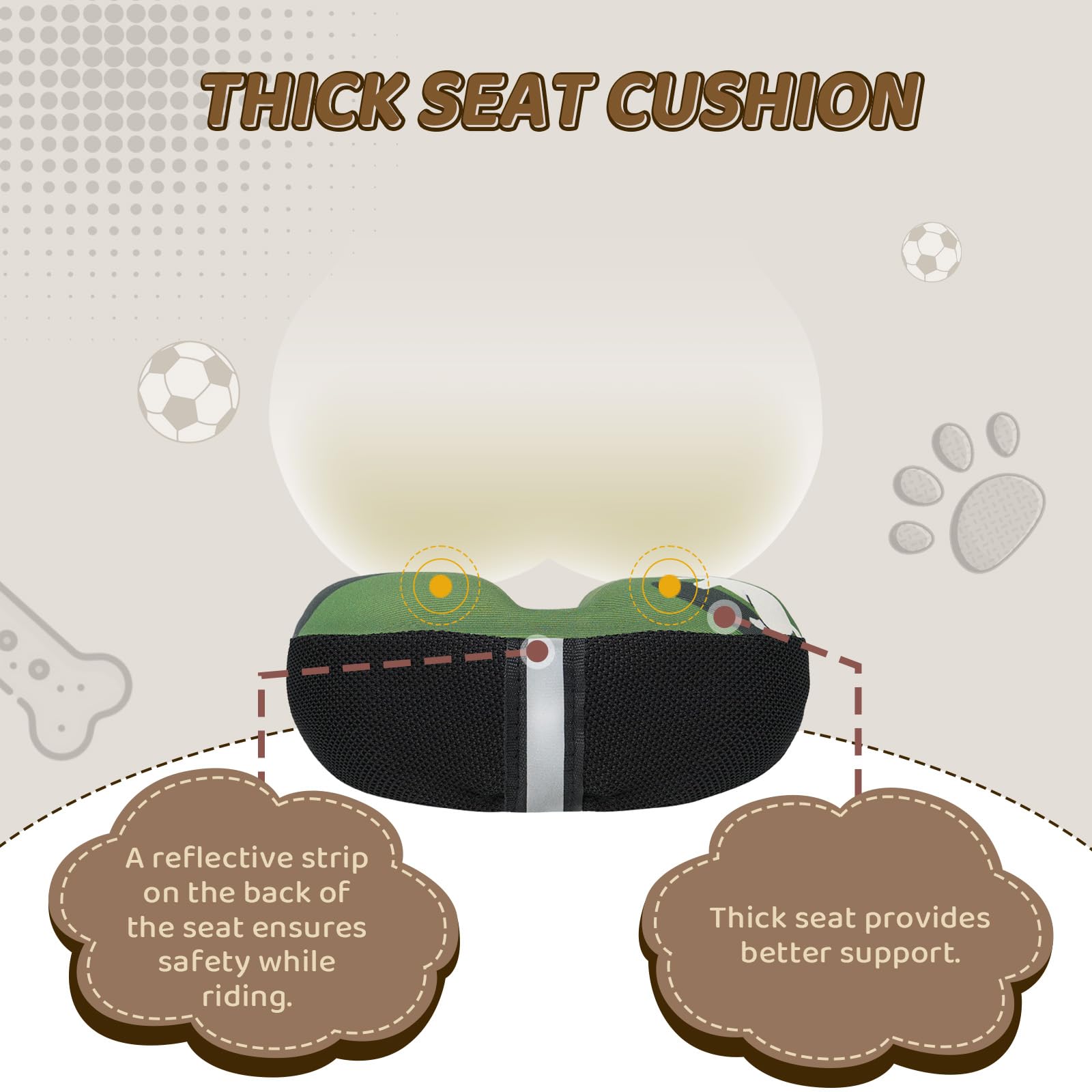 Non-slip kids bike seat cushion with reflective rear strip