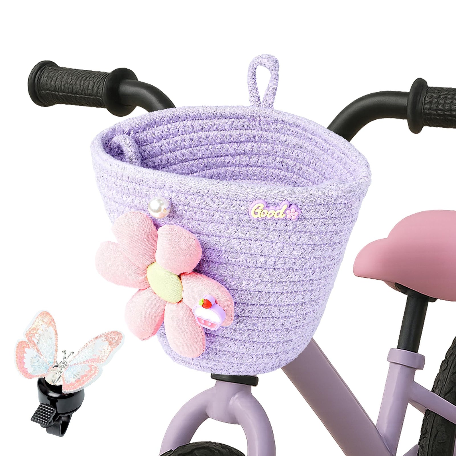 Newpearl light purple kids bike basket with flower detail