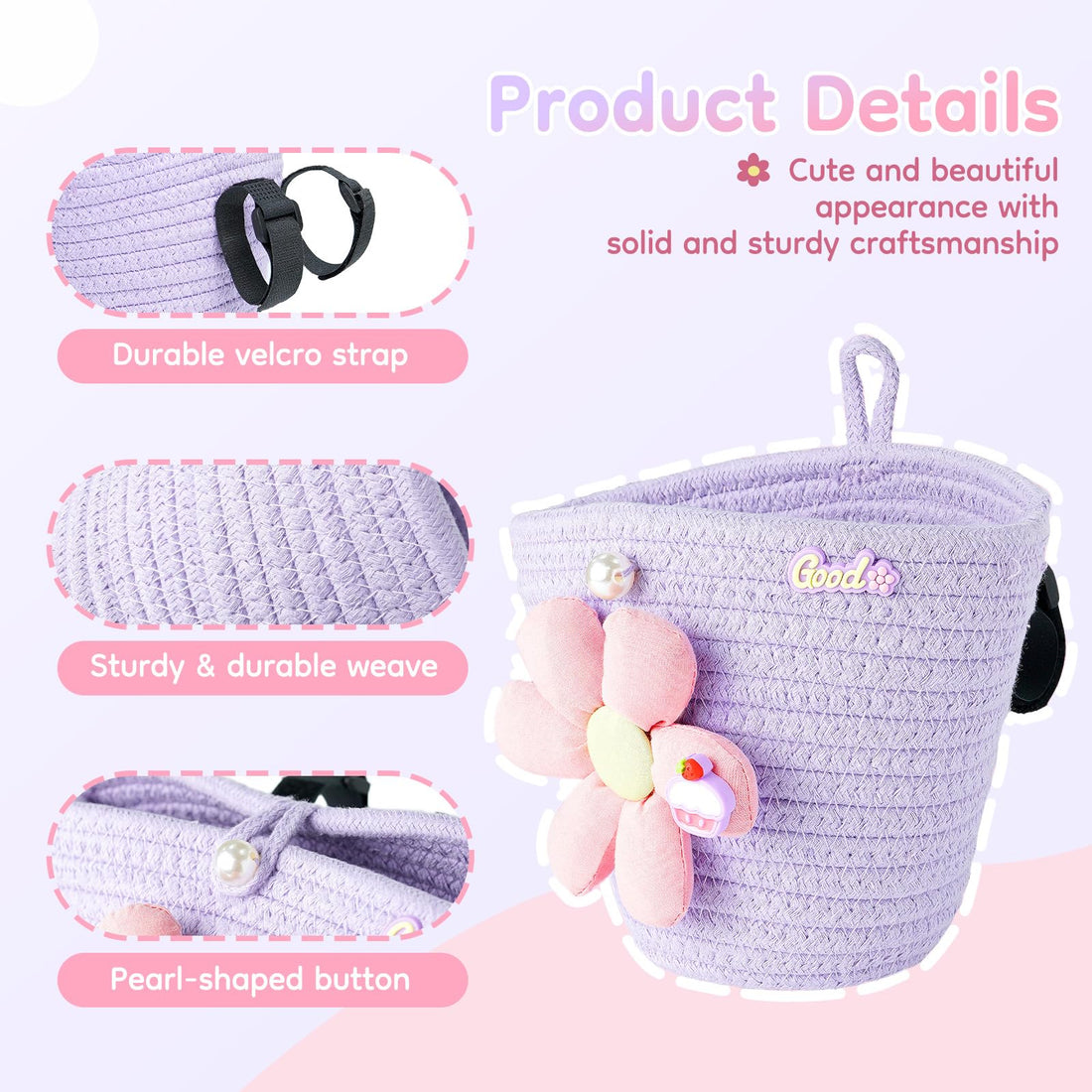 Purple flower bicycle basket for girls bikes and scooters