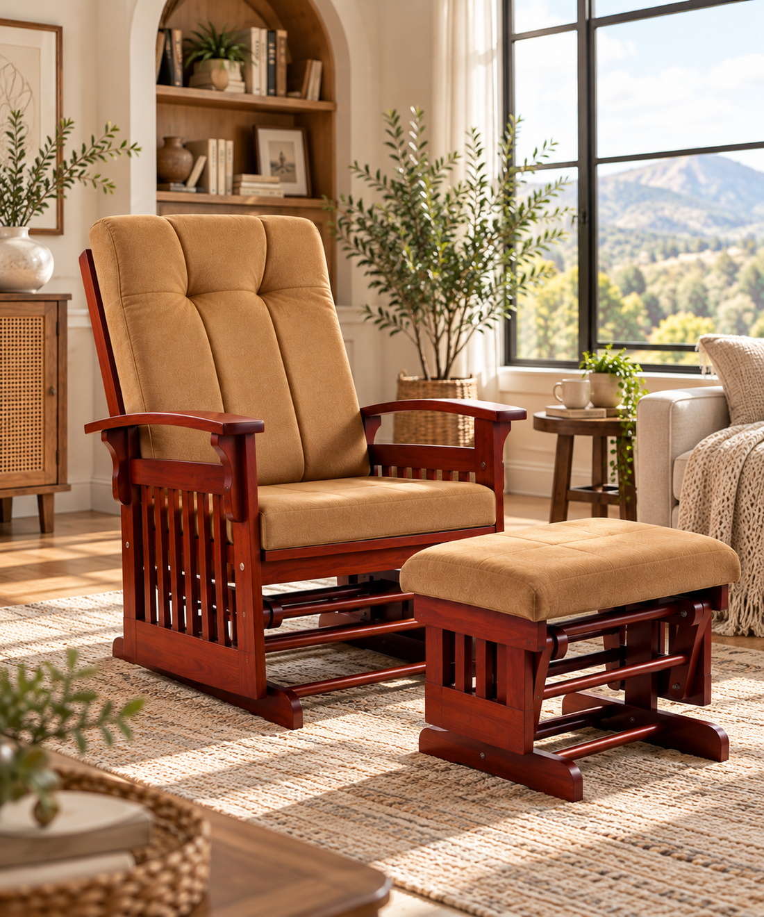 Solid Rubberwood Glider Rocking Chair with Matching Ottoman and Padded Backrest, Dark Coffee