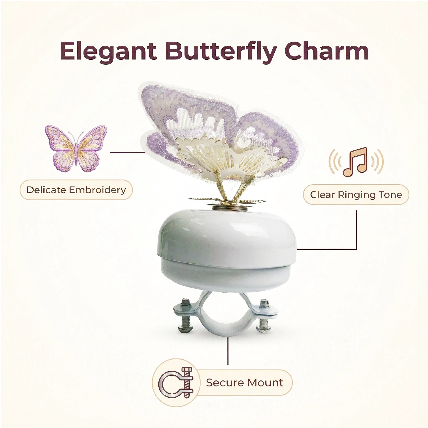 White Bike Bell with Purple Butterfly