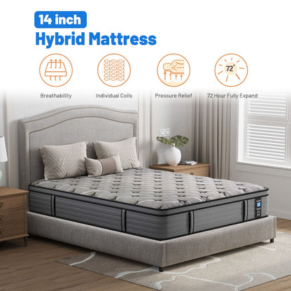 Medium Firm Euro Top Mattress, Hybrid Gel Memory Foam, Pocket Spring, Gray