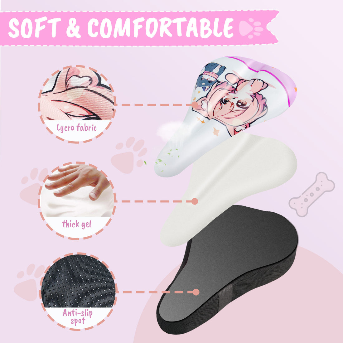 Kids bicycle saddle cushion with non-slip silicone grip lines