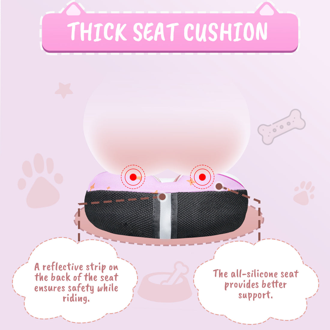 Cute dog and cat bike seat cover with reflective rear strip
