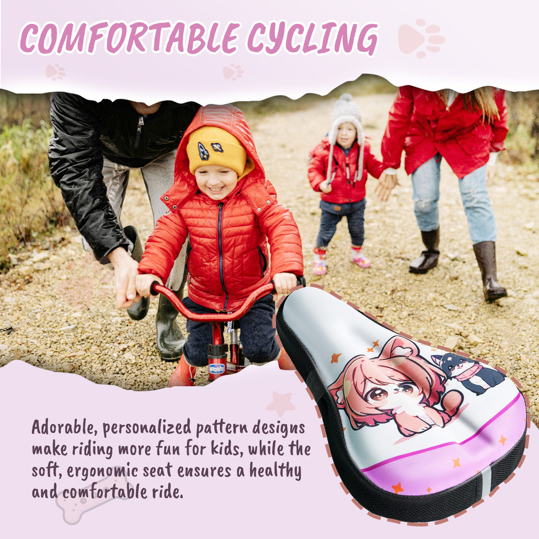 Kids Gel Bike Seat Cover with Dog & Cat Design