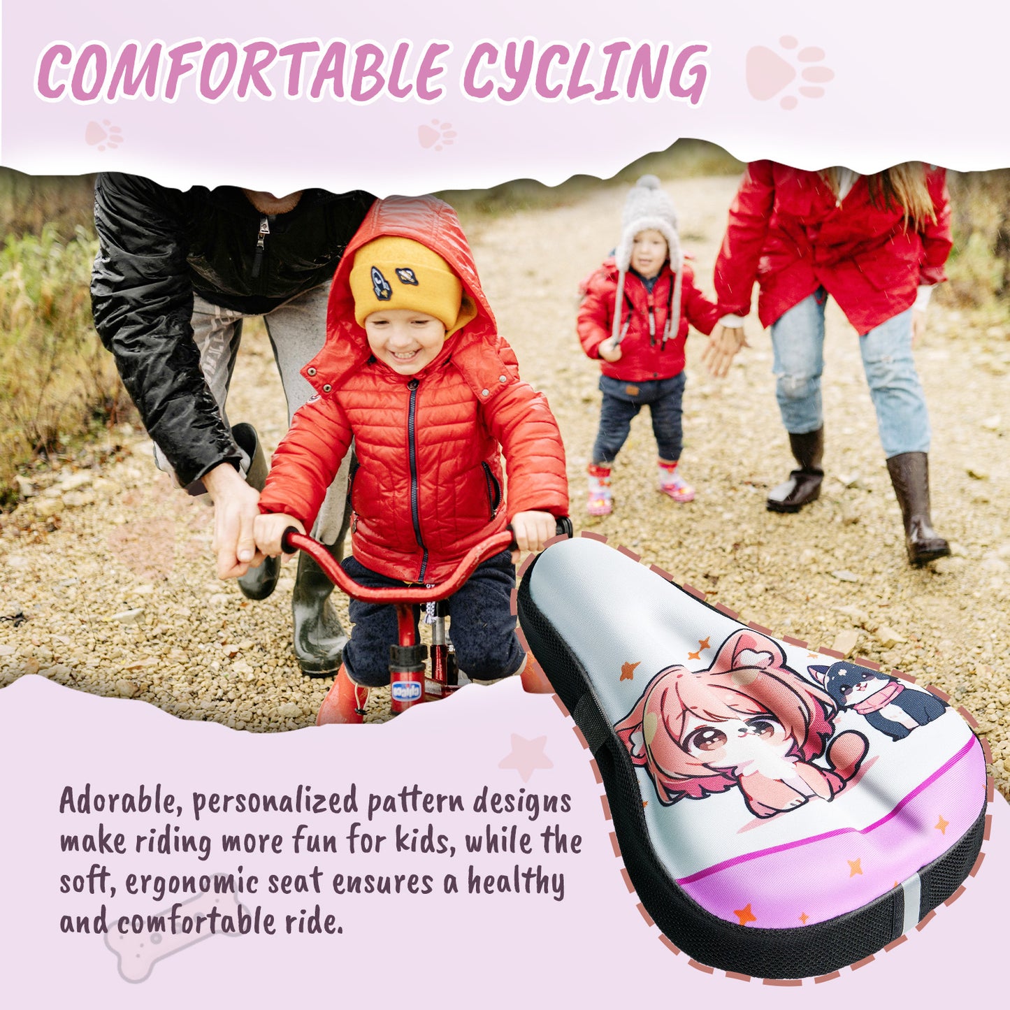 Kids Bike Seat Cushion for Boys Girls, Cute Dog & Cat Design