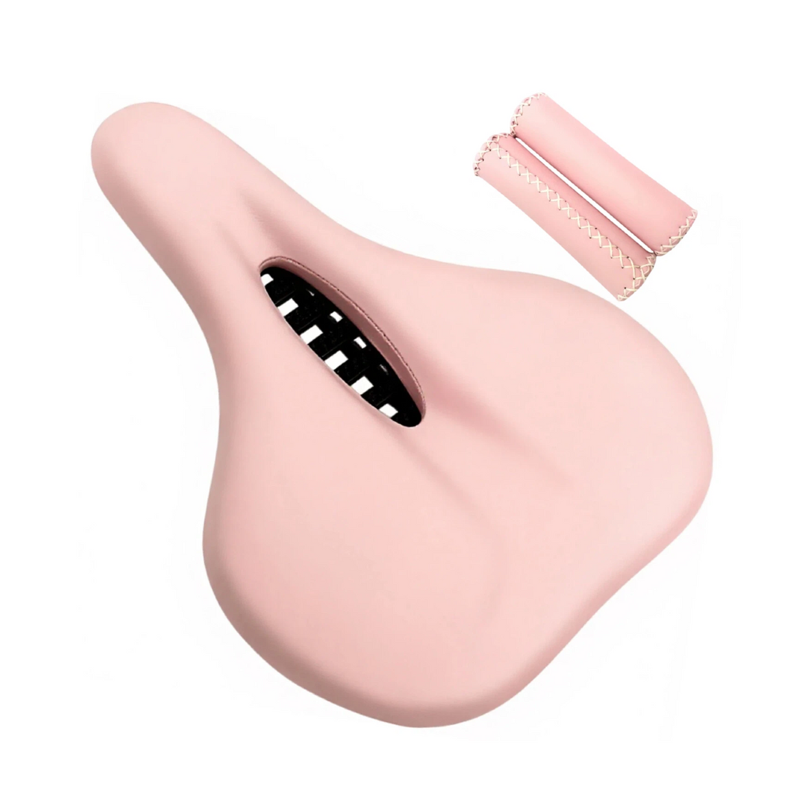 Pink wide bike seat for women with matching handlebar grips