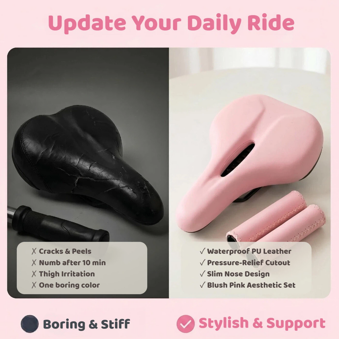 Bike Seat for Women, Wide Comfortable Pink Bicycle Saddle