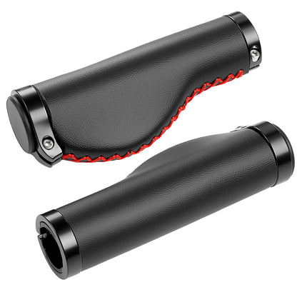 Poignées de Guidon Vélo Vintage – Cuir Noir avec Couture Rouge, Cousues Main, Pour Cruiser et Vélo de Ville, Ø22,2 mm, Série Time Capsule