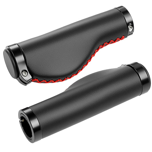 Poignées de Guidon Vélo Vintage – Cuir Noir avec Couture Rouge, Cousues Main, Pour Cruiser et Vélo de Ville, Ø22,2 mm, Série Time Capsule