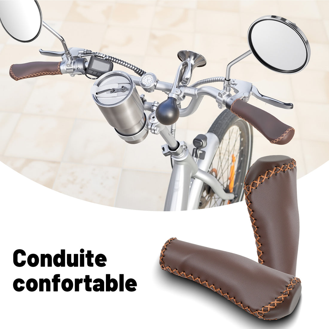 Poignées de Guidon Vélo Vintage – Cuir Synthétique Cousu Main pour Cruiser et Vélo de Ville, Marron, Ø22,2 mm, Série Time Capsule