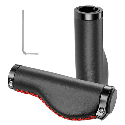 Poignées de Guidon Vélo Vintage – Cuir Noir avec Couture Rouge, Cousues Main, Pour Cruiser et Vélo de Ville, Ø22,2 mm, Série Time Capsule