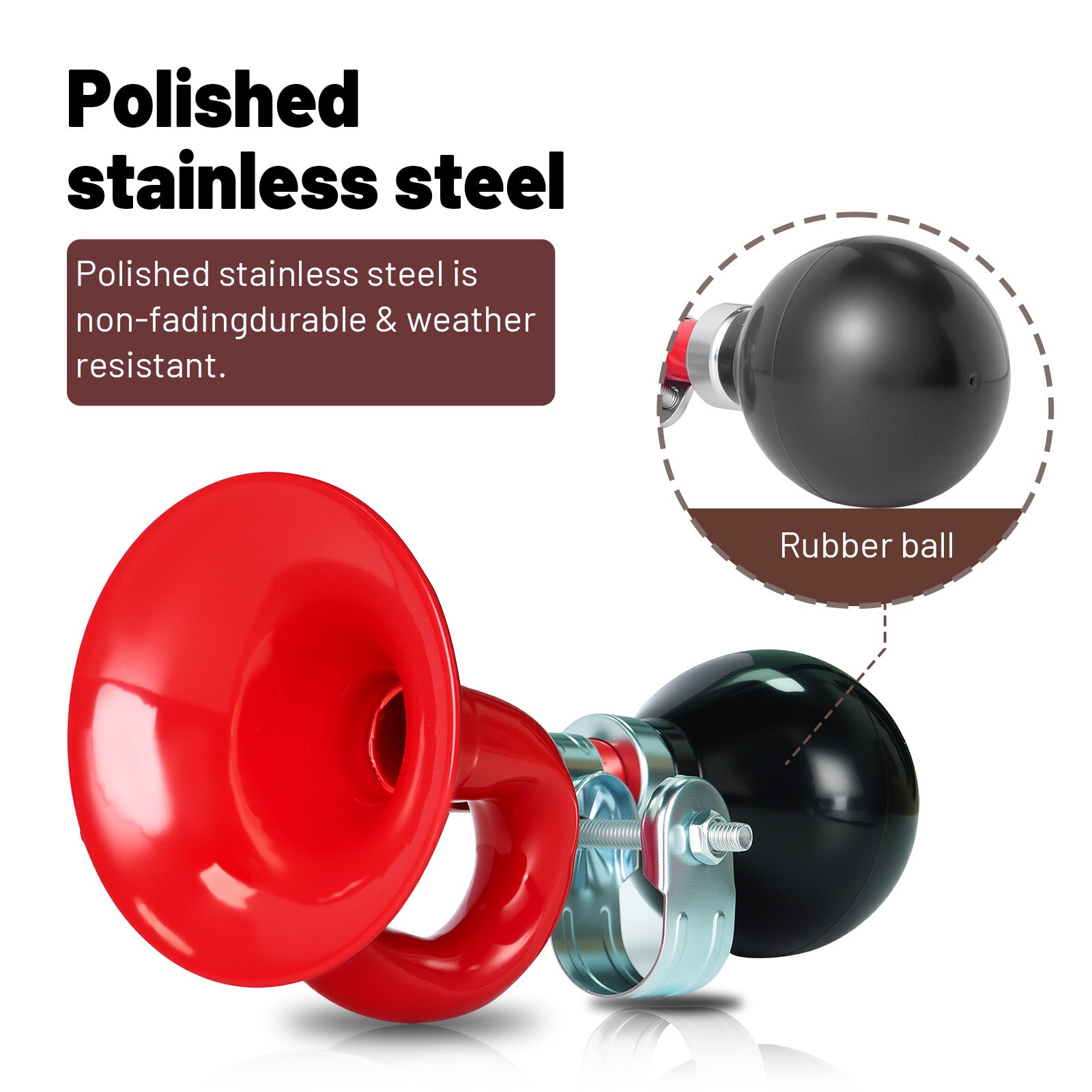 Red rubber bulb bike horn with polished stainless steel horn