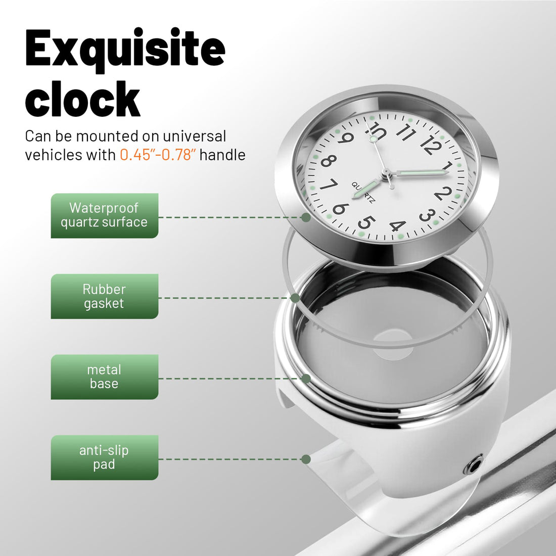 Newpearl handlebar clock with chrome-style vintage finish