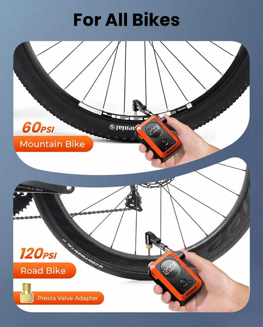 Mini Bike Pump,20s Fast Inflate Bicycle Pump with Guage,150PSI Portable Electric Bike Air Pump with Presta and Schrader Valve for Mountain Bike,Road Bike,Motorcycle,Car,Sport Ball