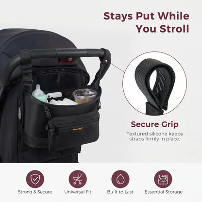 universal Stroller Organizer, Slim Stroller Caddy with 2 Insulated Cup Holders, Non-Slip Silicone Straps, Detachable Mini Pouch, Dense-Weave Parent Console