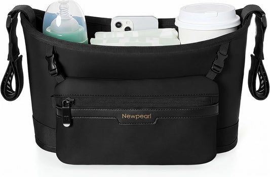 universal Stroller Organizer, Slim Stroller Caddy with 2 Insulated Cup Holders, Non-Slip Silicone Straps, Detachable Mini Pouch, Dense-Weave Parent Console