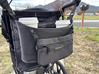 universal Stroller Organizer, Slim Stroller Caddy with 2 Insulated Cup Holders, Non-Slip Silicone Straps, Detachable Mini Pouch, Dense-Weave Parent Console